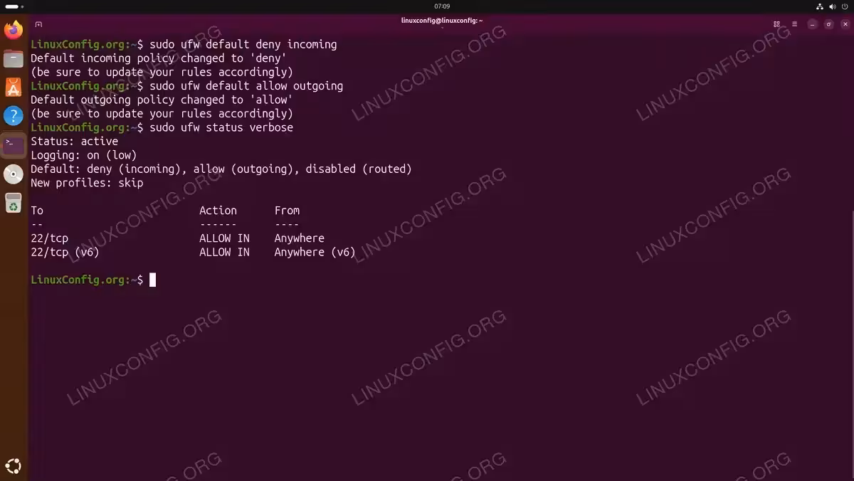 Terminal showing UFW default policy configuration with deny incoming and allow outgoing settings on Ubuntu 26.04