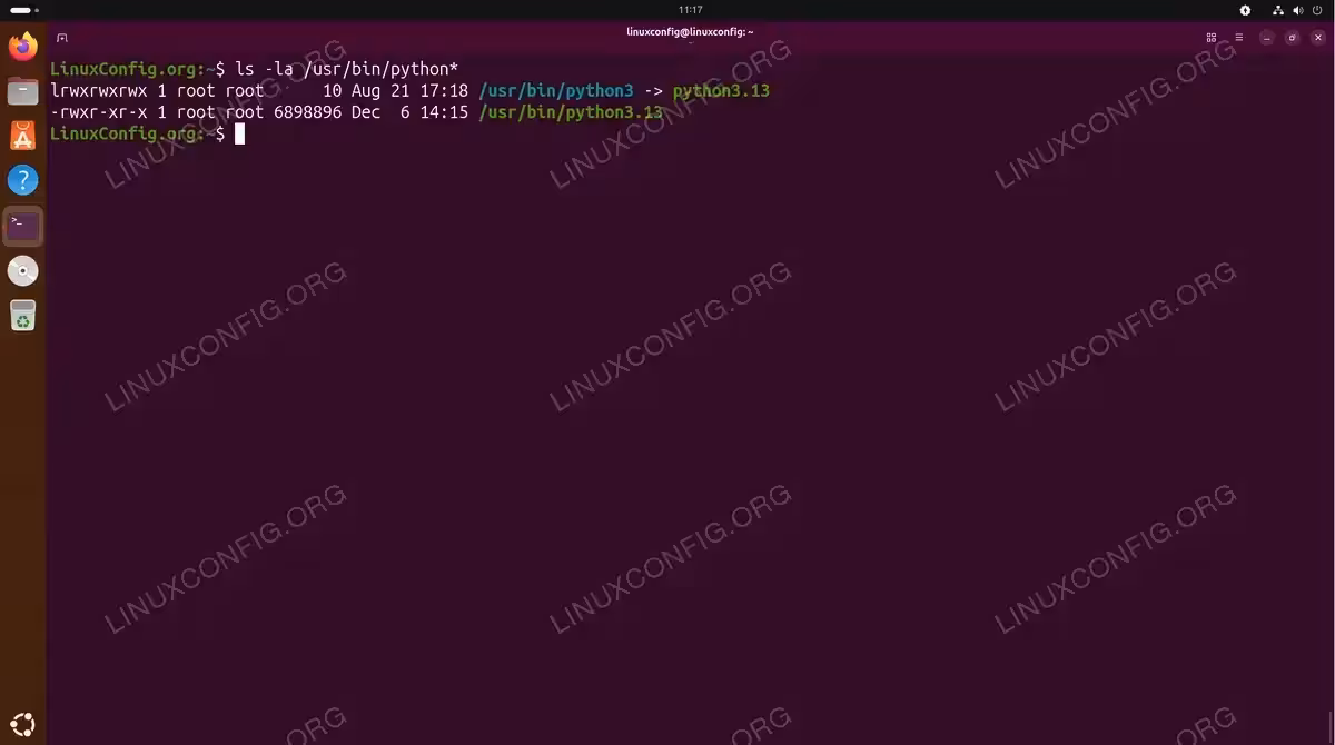 Terminal showing ls -la /usr/bin/python* output displaying python3 symlink pointing to python3.13 and the python3.13 executable on Ubuntu 26.04
