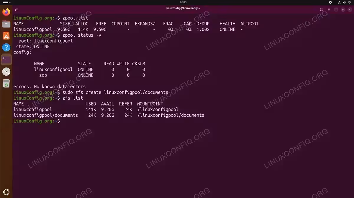 Image Metadata:ALT: Terminal displaying zpool list, zpool status, zfs create, and zfs list commands showing pool and filesystem management on Ubuntu 26.04