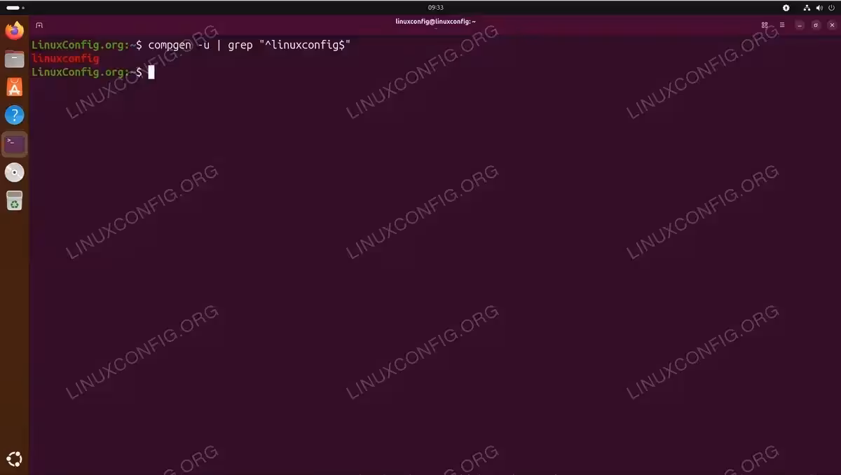 Terminal output of compgen -u piped to grep showing exact match for linuxconfig user