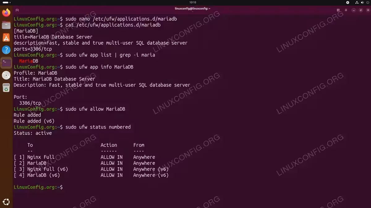 Terminal showing creation of custom UFW application profile for MariaDB, including profile file contents, verification with ufw app list, and final ufw status showing active rules