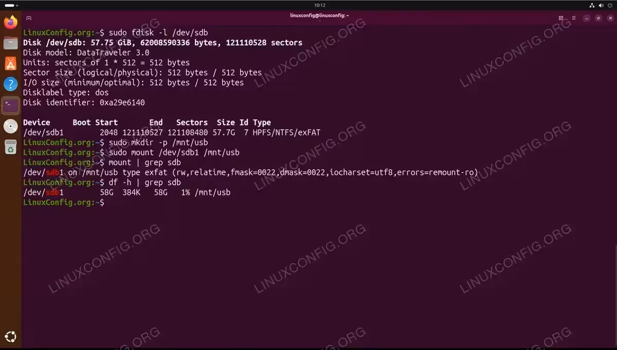 Terminal showing fdisk, mkdir, mount commands and verification with mount and df -h for exFAT USB drive on Ubuntu 26.04