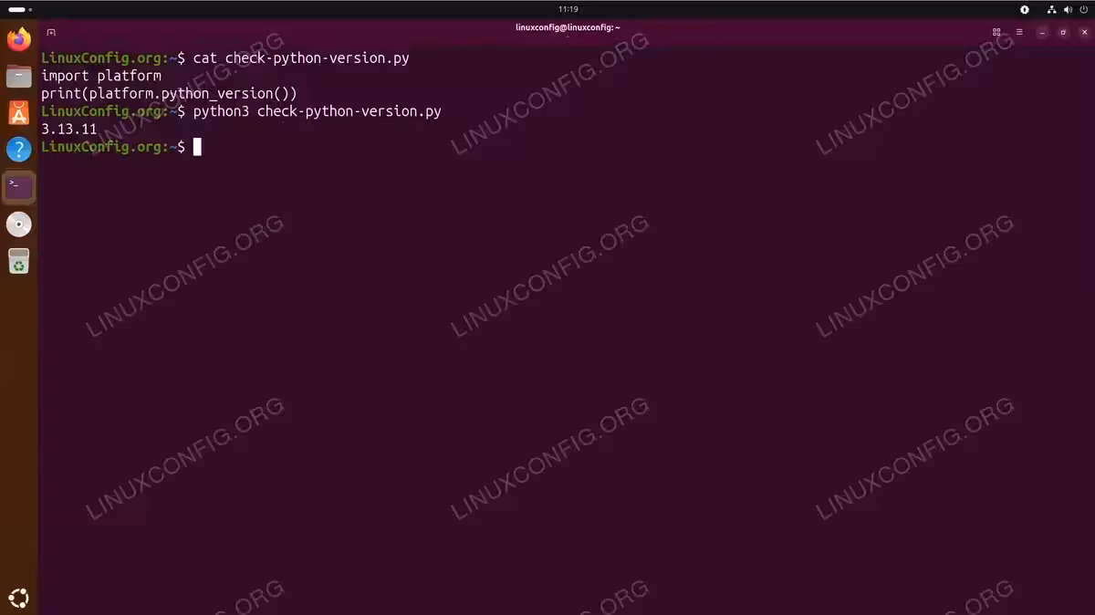 Terminal showing a Python script using platform.python_version() to check version, with output displaying 3.13.11 on Ubuntu 26.04