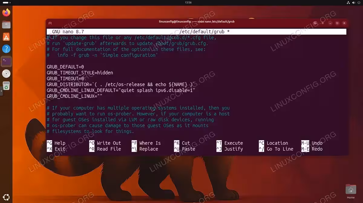 Editing GRUB configuration file on Ubuntu 26.04 to add ipv6.disable=1 kernel parameter