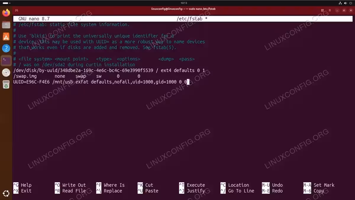 Nano editor showing /etc/fstab file with USB drive entry UUID=E96C-F4E6 mounted to /mnt/usb as exfat on Ubuntu 26.04