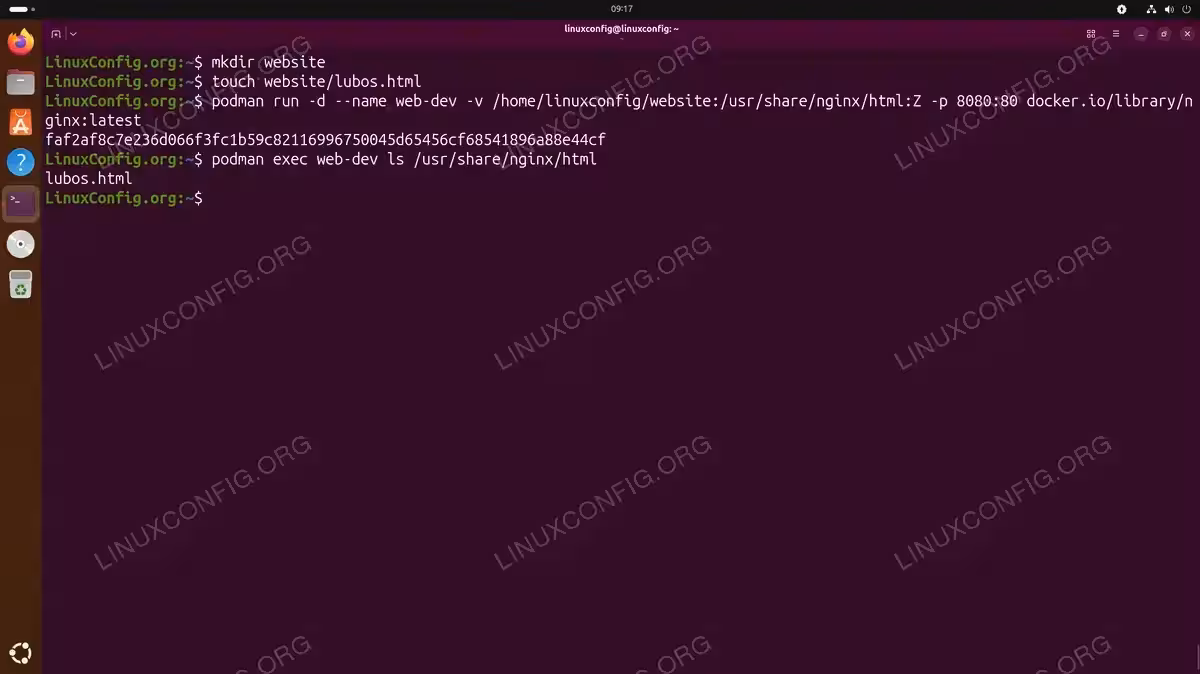 Terminal showing bind mount creation and podman exec command listing files inside the Nginx container