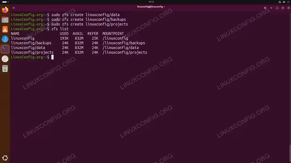 Terminal showing ZFS dataset creation with sudo zfs create commands for data, backups, and projects datasets, followed by zfs list displaying all datasets with their usage and mount points