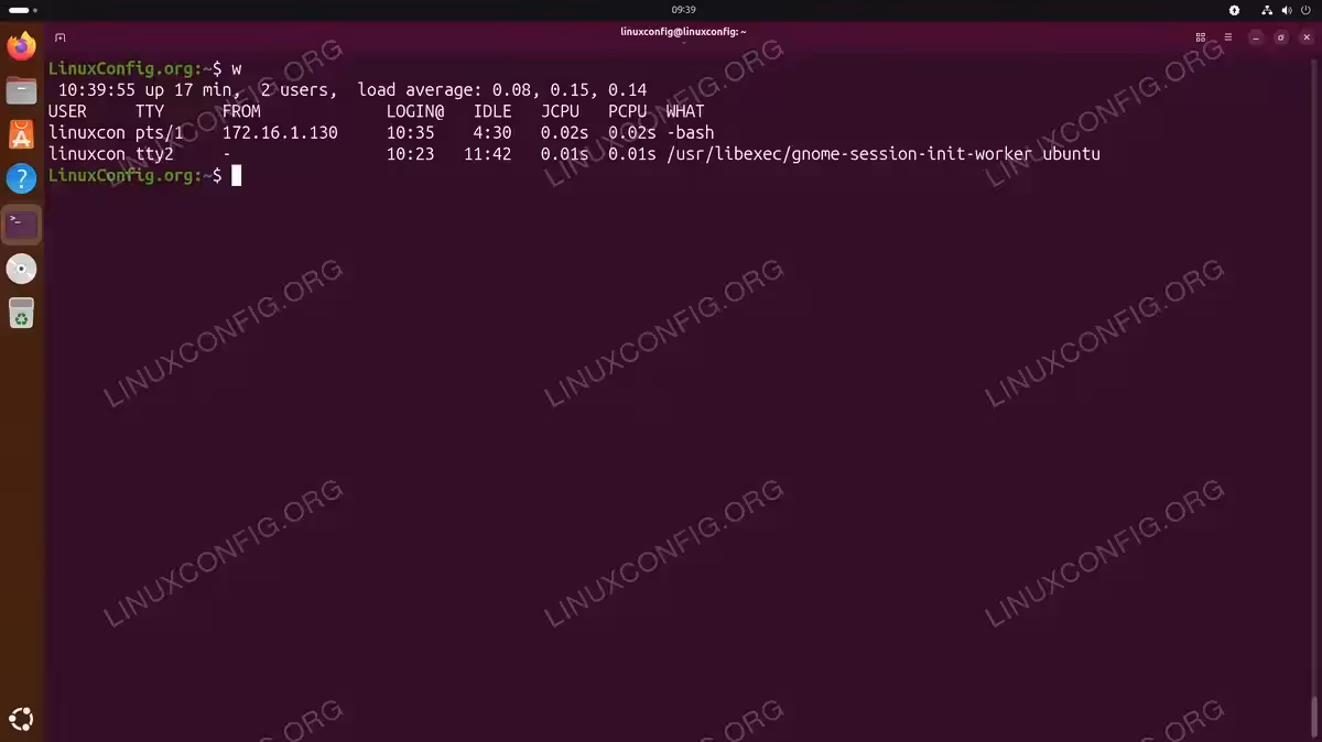 Terminal output of w command showing two logged-in users, system uptime of 17 minutes, and load averages