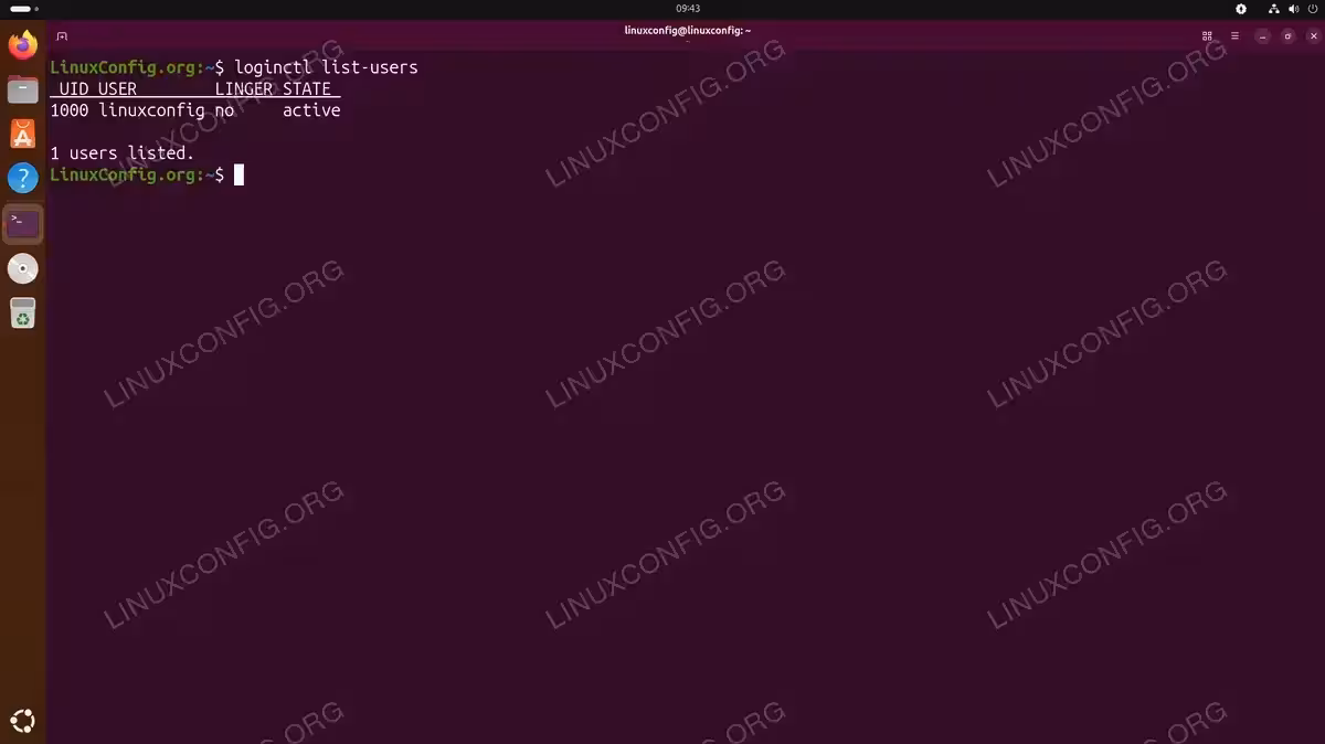 Terminal output of loginctl list-users command showing UID 1000, full username linuxconfig, and active session state
