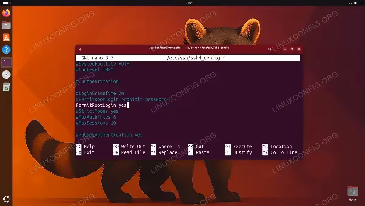 Editing sshd_config file in nano text editor on Ubuntu 26.04 showing PermitRootLogin set to yes