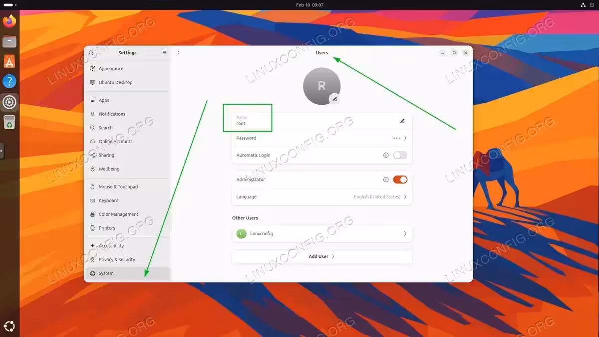 GNOME Settings Users panel showing root as the currently logged-in user with Administrator privileges on Ubuntu 26.04