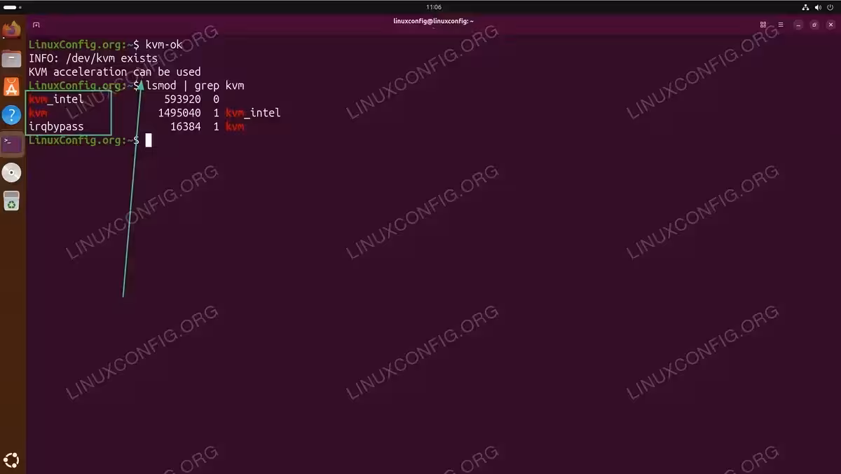 Terminal output showing kvm-ok command confirming KVM acceleration is available and lsmod displaying loaded kvm_intel and kvm kernel modules on Ubuntu