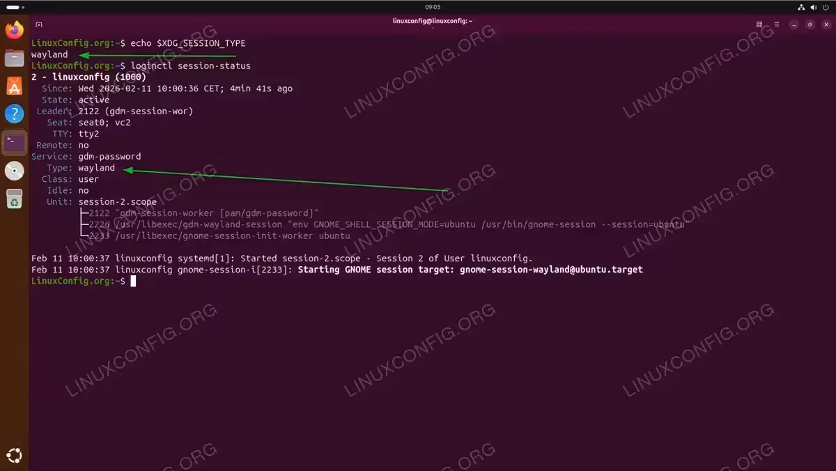 Terminal output of echo $XDG_SESSION_TYPE showing wayland and loginctl session-status displaying Type: wayland on Ubuntu 26.04