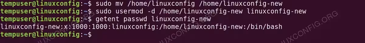 Terminal output on Ubuntu 26.04 showing mv renaming the home directory and usermod -d updating the home path, confirmed with getent passwd