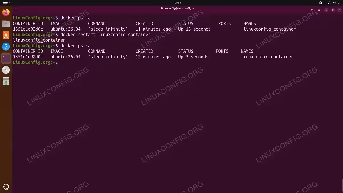 Terminal showing docker ps -a output before and after running docker restart linuxconfig_container on Ubuntu 26.04