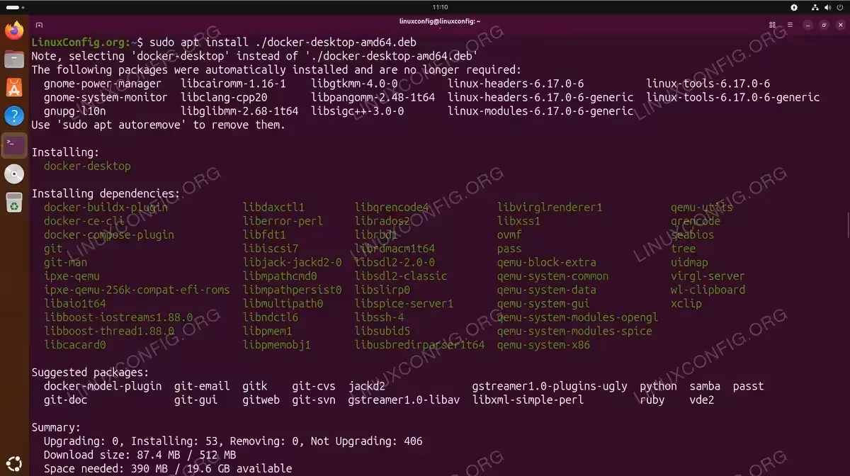 Terminal showing sudo apt install docker-desktop-amd64.deb command with list of 53 dependencies being installed including docker-ce-cli, docker-compose-plugin, qemu-system, and pass