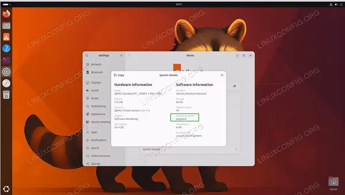 GNOME Settings About page and System Details dialog showing Windowing System Wayland on Ubuntu 26.04 Resolute Raccoon with GNOME 49