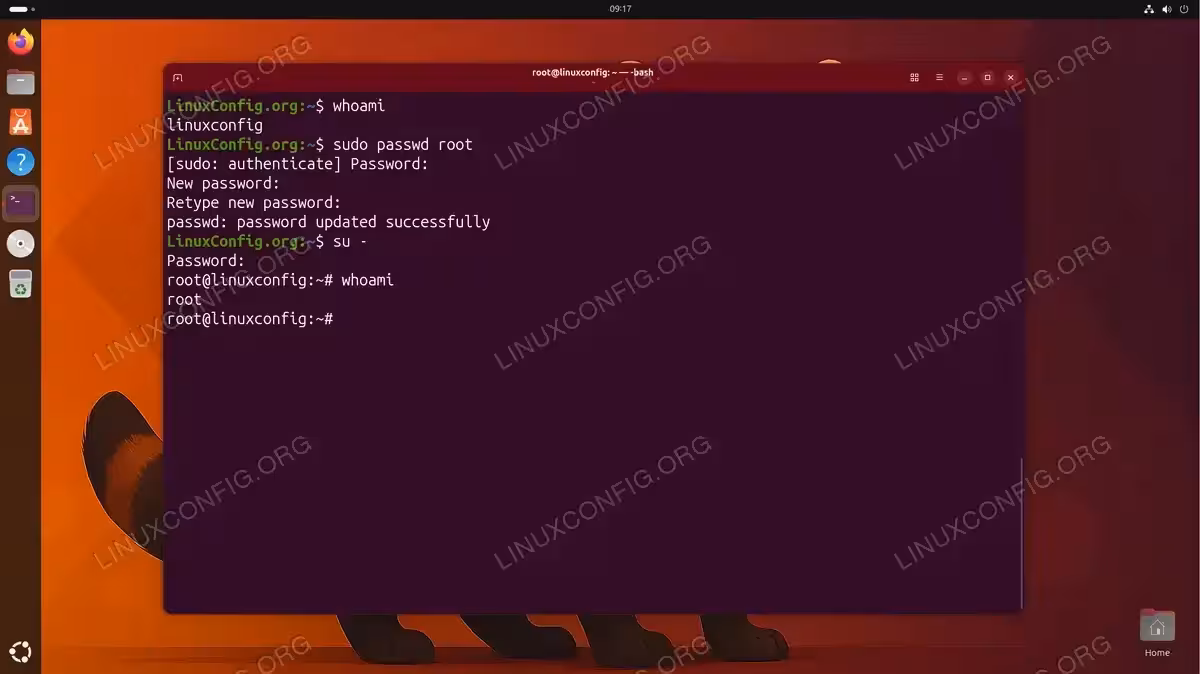 Terminal showing root password setup with sudo passwd root and switching to root user with su - command on Ubuntu 26.04