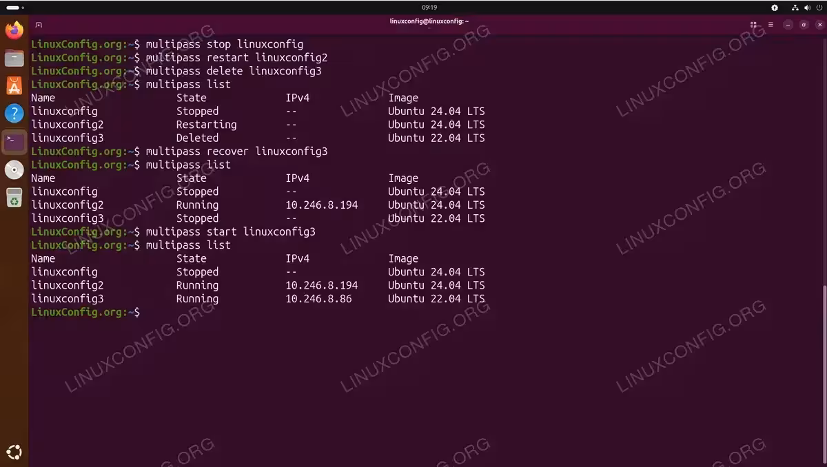 Terminal screenshot showing multipass instance management commands - stop, restart, delete, recover, and start operations with multipass list output displaying instance states, IP addresses, and Ubuntu versions
