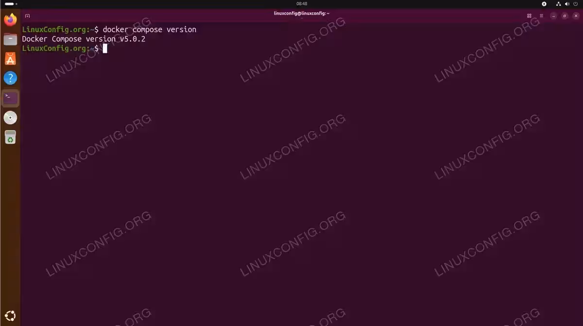 Terminal output showing docker compose version command returning Docker Compose version v5.0.2 on Ubuntu 26.04