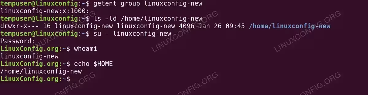 Terminal output on Ubuntu 26.04 showing getent group, ls -ld, su login, whoami, and echo $HOME all confirming the successful username change to linuxconfig-new