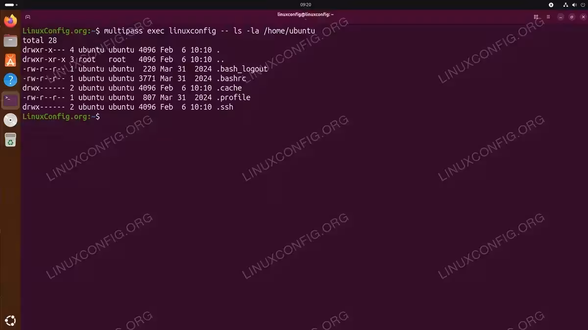 Terminal screenshot showing multipass exec command running ls -la in linuxconfig instance displaying home directory contents with file permissions, ownership by ubuntu user, and standard configuration files