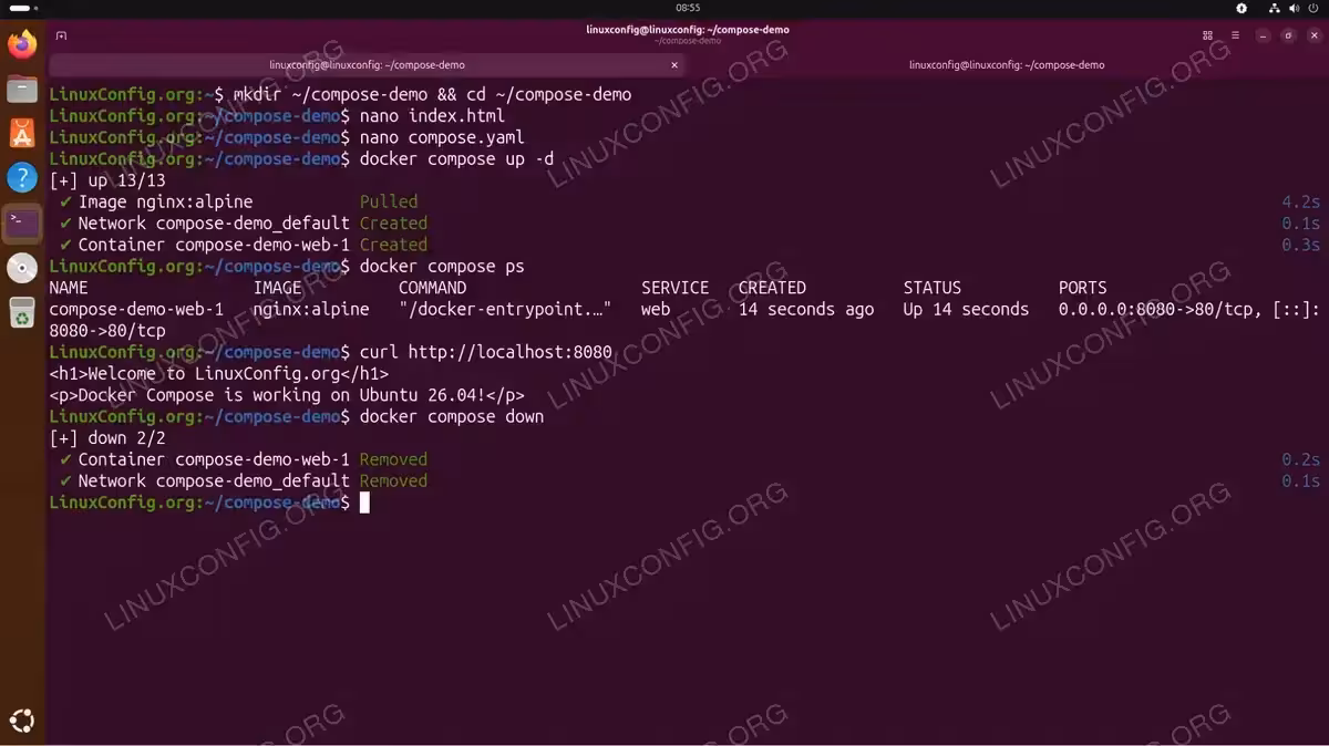 Terminal showing complete Docker Compose workflow with docker compose up pulling nginx:alpine image, docker compose ps showing running container, curl displaying Welcome to LinuxConfig.org message, and docker compose down removing containers