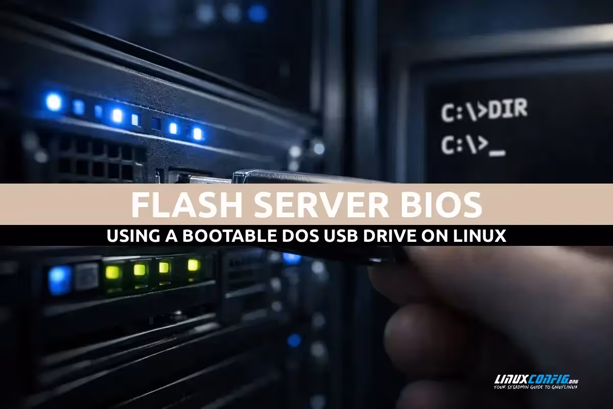 Abstract illustration representing server BIOS flashing using a bootable DOS USB drive on Linux