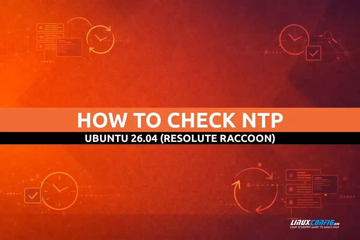 Abstract illustration representing NTP time synchronization on Ubuntu 26.04 Linux with a clock, network nodes, and connectivity elements