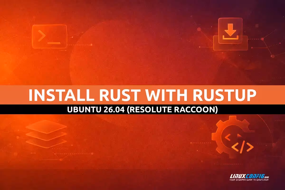 Abstract illustration representing Rust programming language installation on Ubuntu Linux with gear and crab logo elements