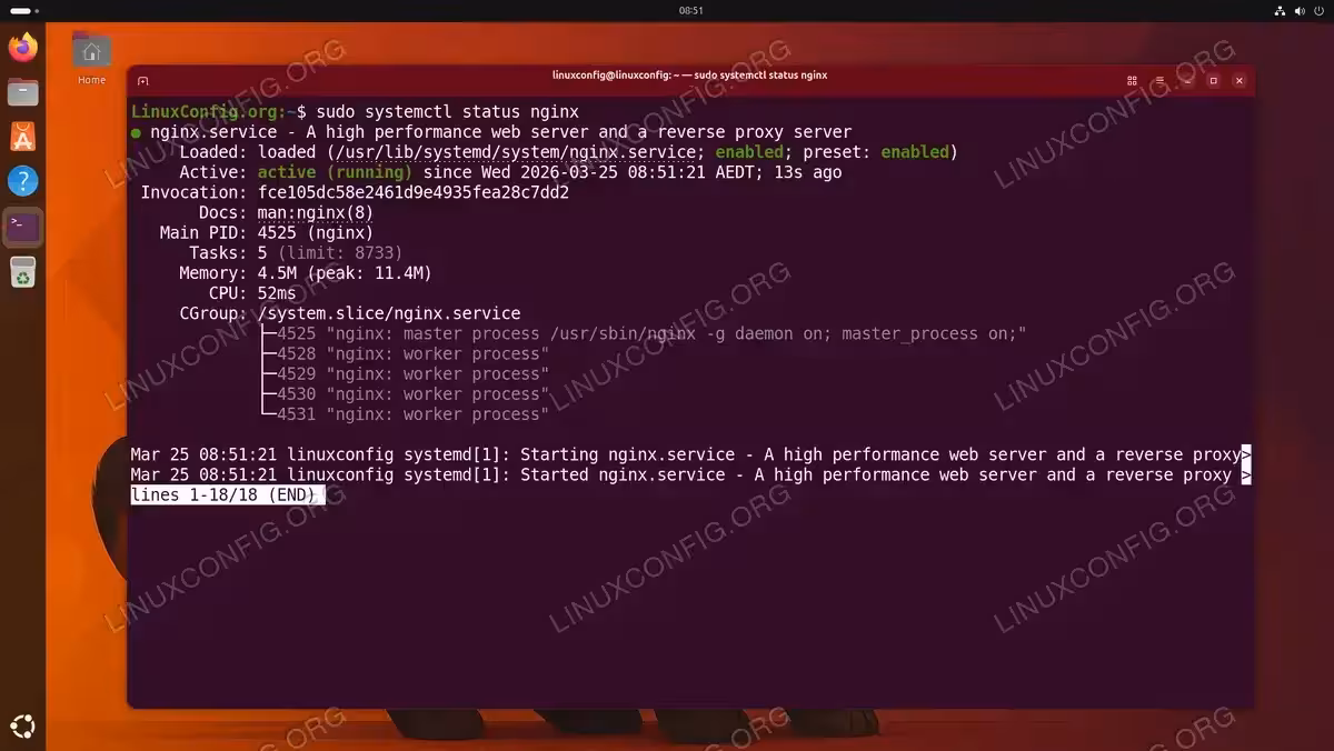 Terminal output of sudo systemctl status nginx showing active running status on Ubuntu 26.04