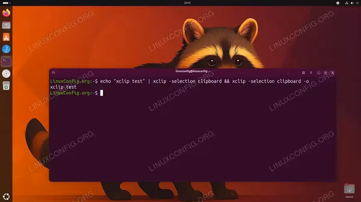 Terminal output of xclip functional clipboard test on Ubuntu 26.04 showing "xclip test" copied and pasted back via command line