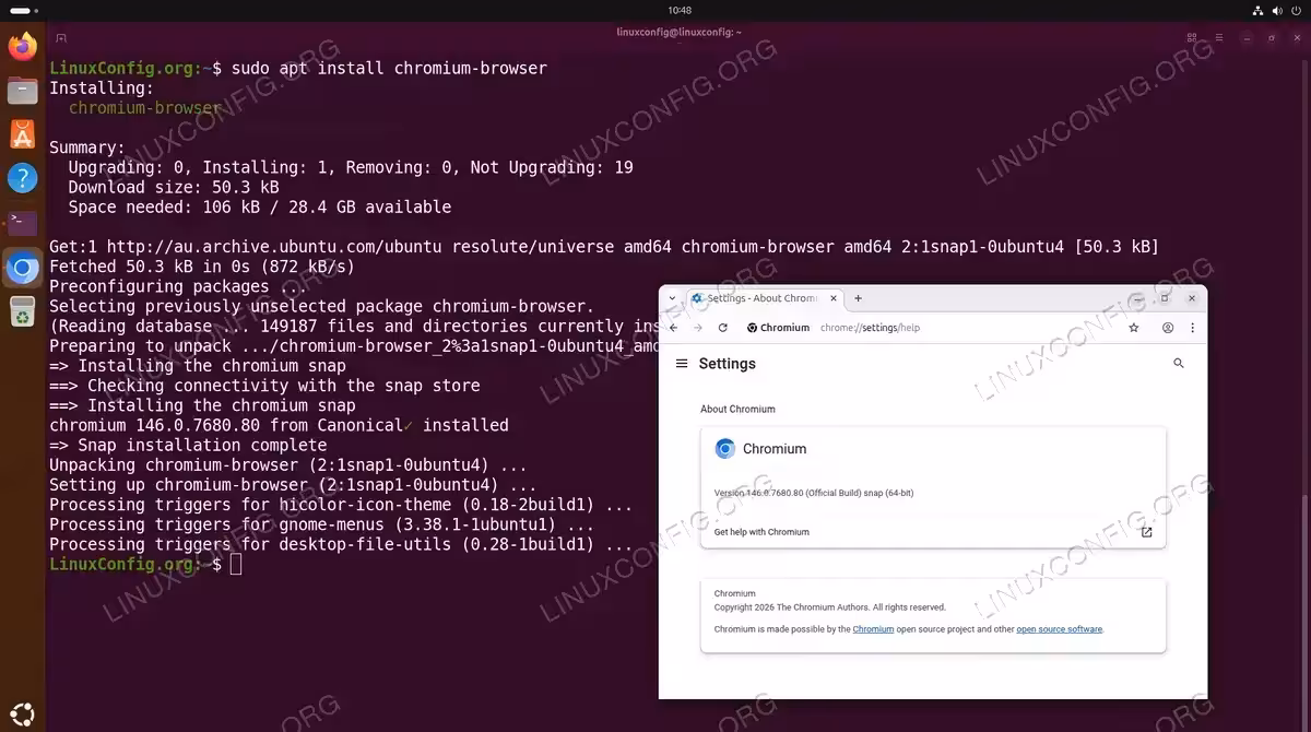 Terminal showing sudo apt install chromium-browser command resulting in Snap installation of Chromium 146.0.7680.80 on Ubuntu 26.04, with Chromium About page open