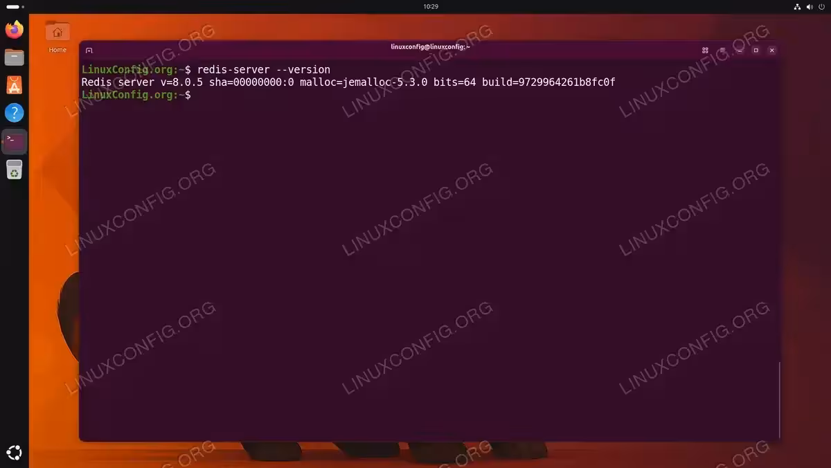 Terminal output of redis-server --version showing Redis 8.0.5 installed on Ubuntu 26.04