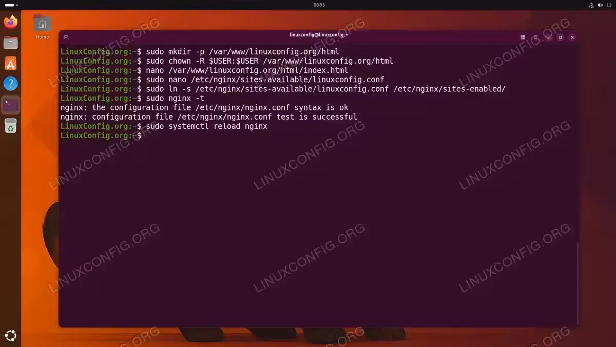 Terminal showing Nginx server block configuration steps including creating document root, enabling the site, and passing the configuration test on Ubuntu 26.04