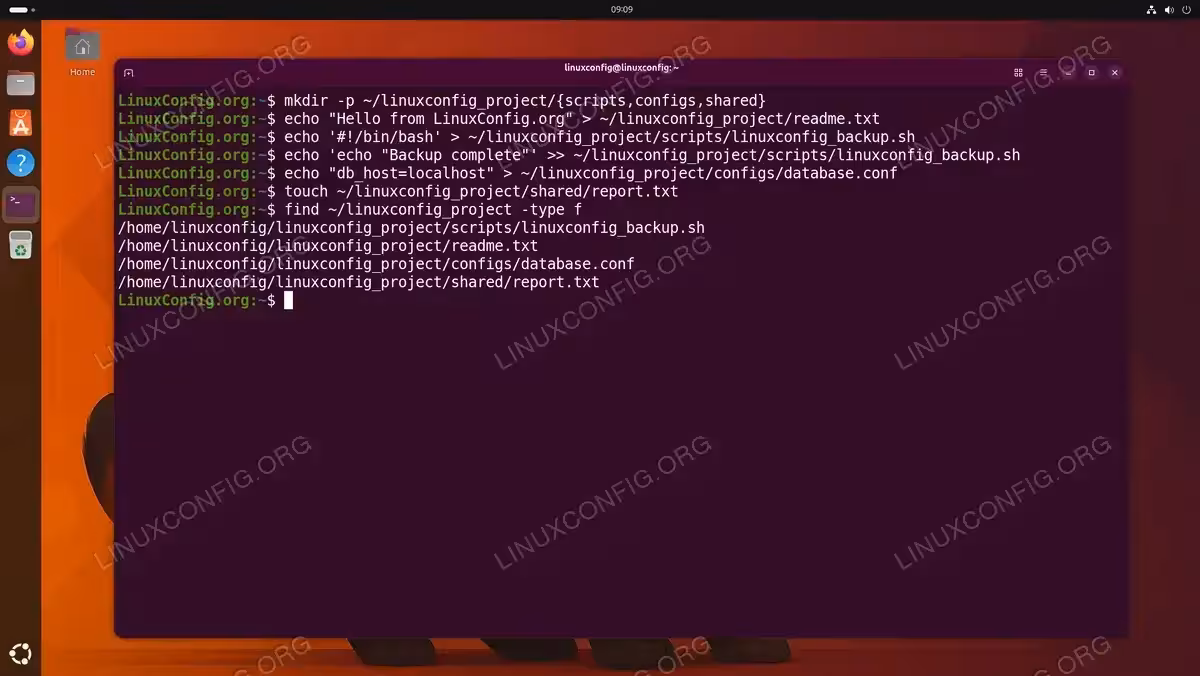 Terminal showing creation of sandbox practice files and directories under ~/linuxconfig_project with find command listing all created files on Ubuntu 26.04