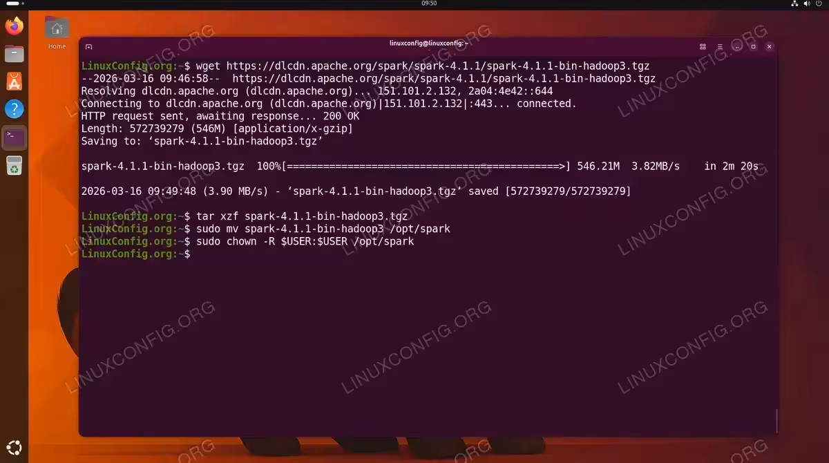 Terminal showing Apache Spark 4.1.1 download, extraction, and installation to /opt/spark on Ubuntu 26.04