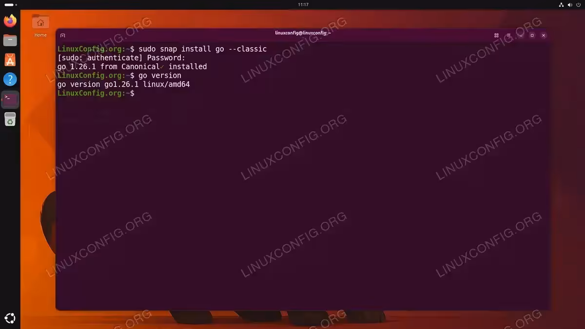 Terminal output showing Go 1.26.1 installation via snap install go --classic command with version verification