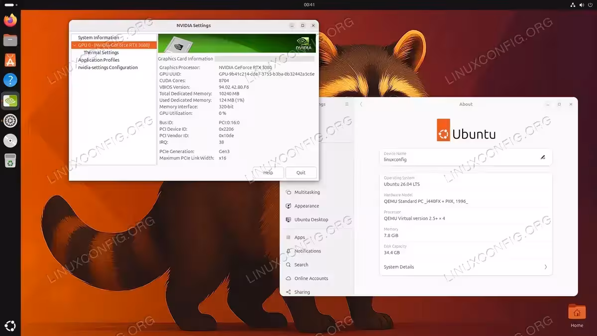 NVIDIA Settings application on Ubuntu 26.04 displaying GPU system information for NVIDIA GeForce RTX 3080 including CUDA cores, VBIOS version, and memory configuration