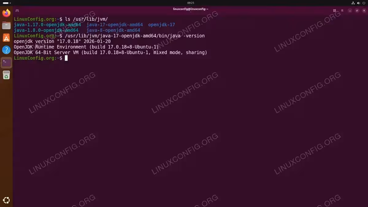 Terminal showing /usr/lib/jvm/ directory listing with OpenJDK 8 and 17 installed and direct version check confirming OpenJDK 17.0.18