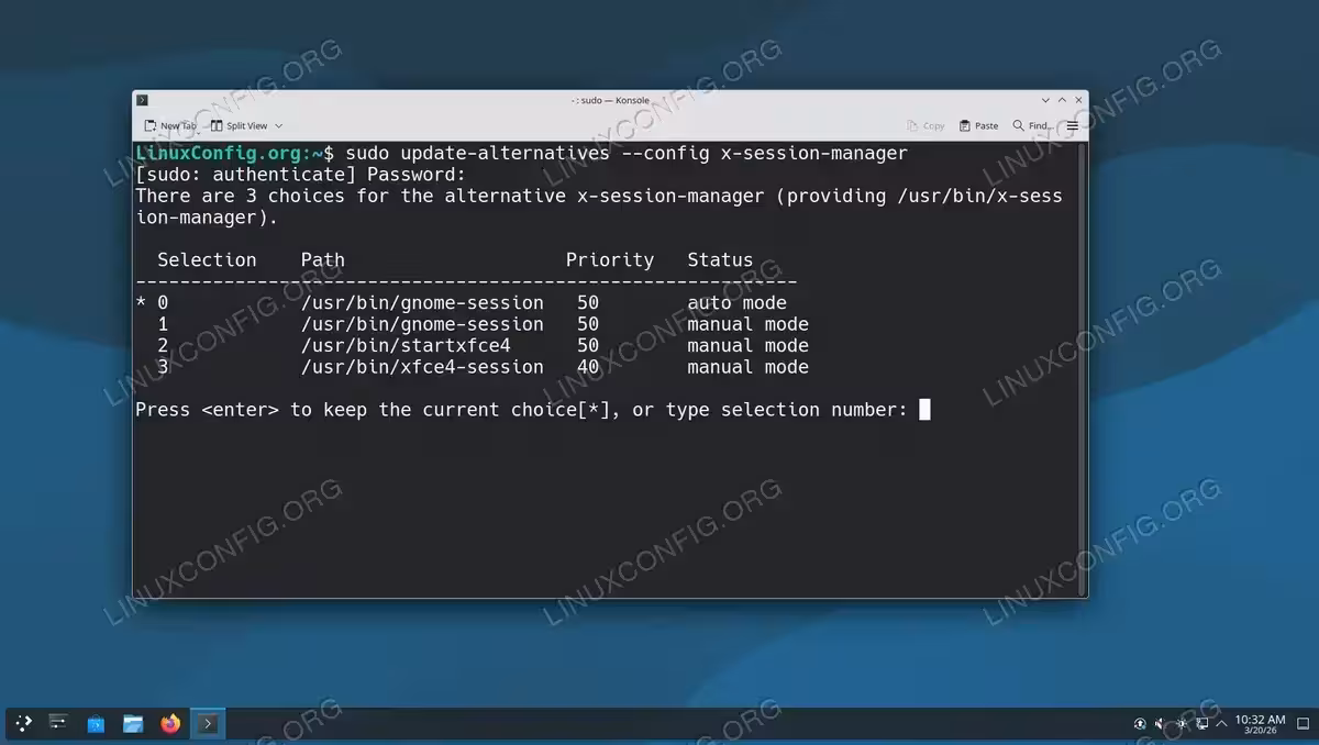 Terminal output of sudo update-alternatives --config x-session-manager showing gnome-session, startxfce4, and xfce4-session options on Ubuntu 26.04
