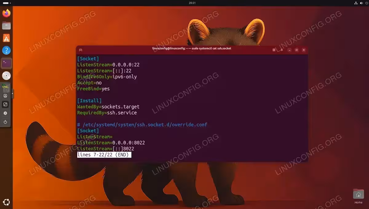 Terminal showing systemctl cat ssh.socket output displaying base unit and override.conf with ListenStream directives for port 8022 on Ubuntu 26.04