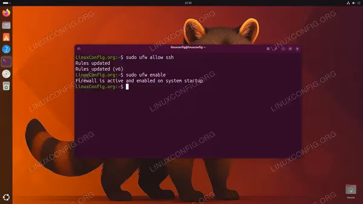 Terminal showing sudo ufw allow ssh adding rules for IPv4 and IPv6, then sudo ufw enable confirming firewall is active and enabled on system startup on Ubuntu 26.04