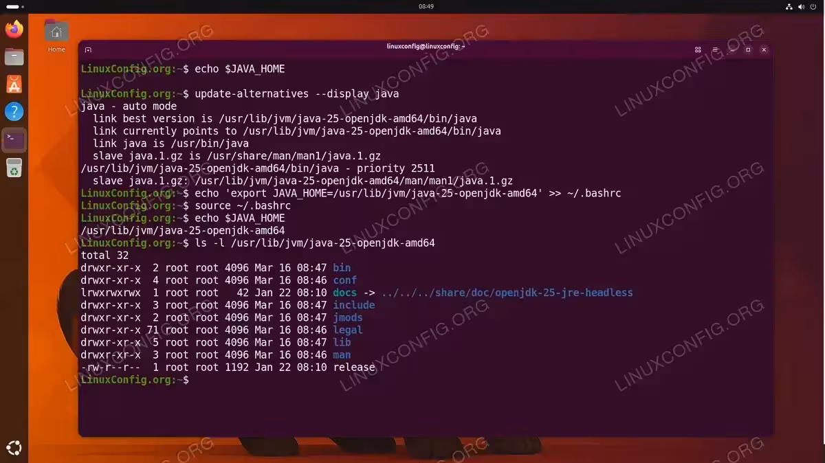 Terminal showing JAVA_HOME configuration on Ubuntu 26.04 with update-alternatives output pointing to java-25-openjdk-amd64 and directory listing