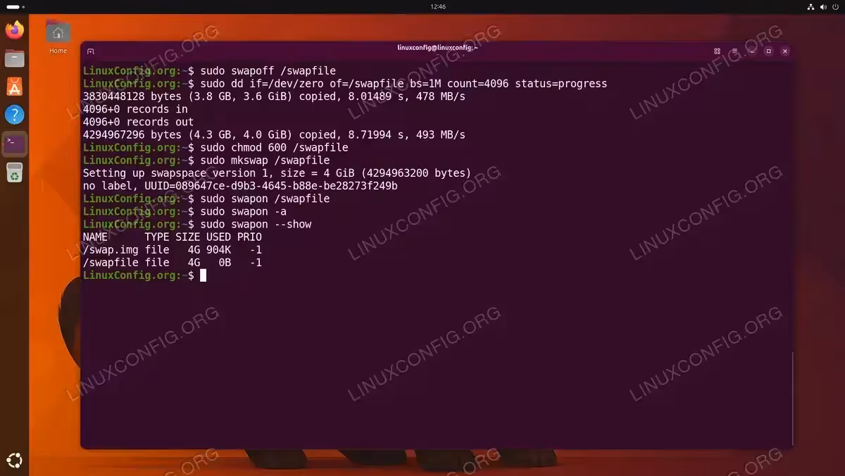 Terminal showing the process of resizing a swap file from 2 GiB to 4 GiB on Ubuntu 26.04