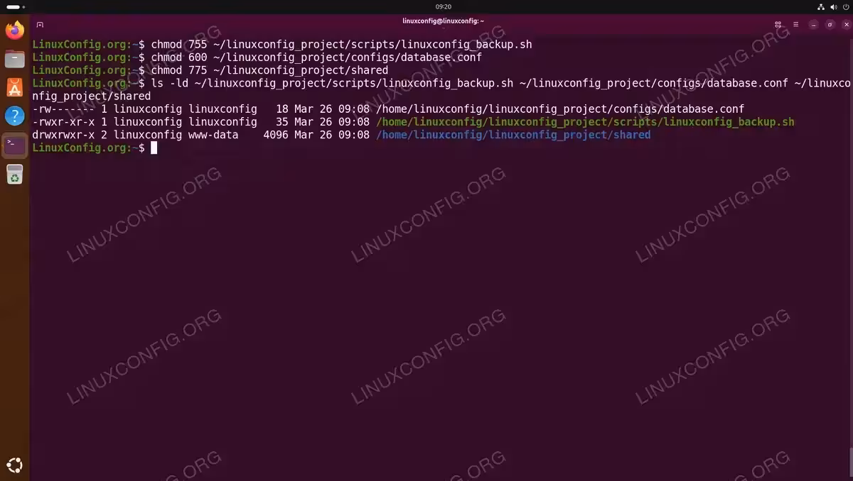 Terminal demonstrating chmod numeric mode setting 755 on a script, 600 on a config file, and 775 on a shared directory on Ubuntu 26.04