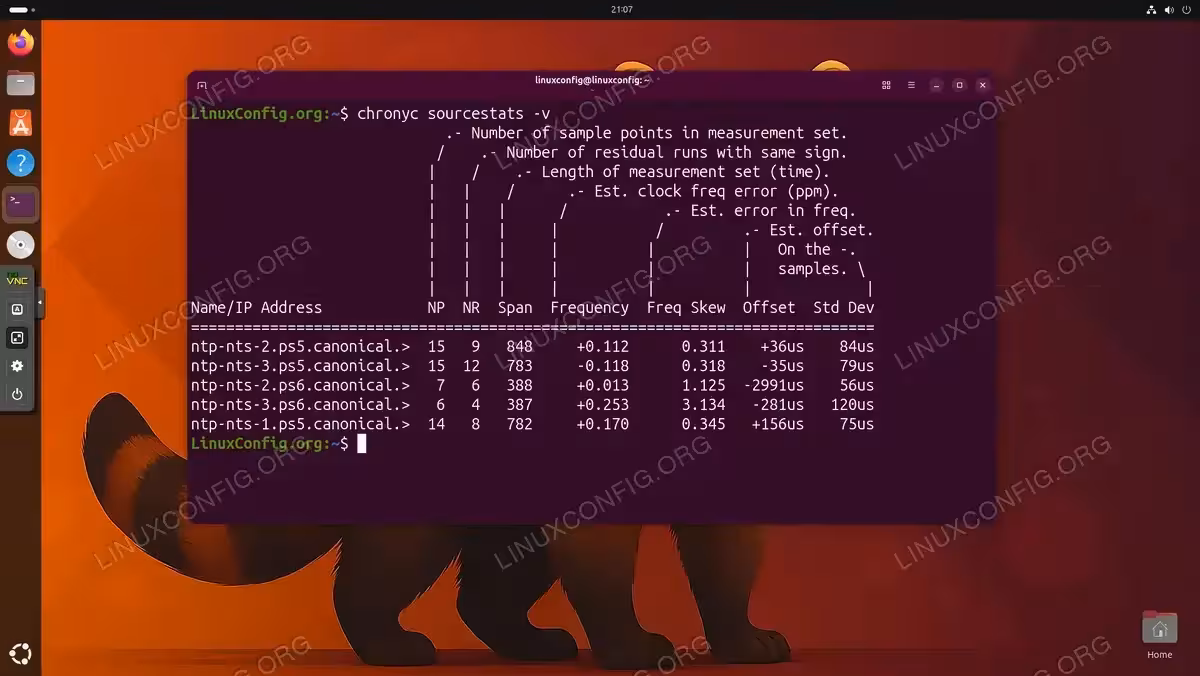 Terminal output of chronyc sourcestats -v on Ubuntu 26.04 showing statistical data for five Canonical NTS servers including sample counts, frequency error, and offset in microseconds