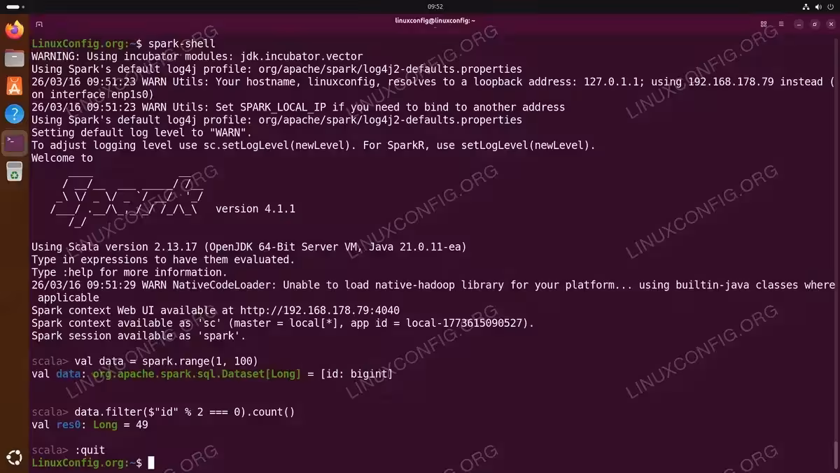 Terminal showing Spark Shell 4.1.1 launch with Scala 2.13.17 and a test query filtering even numbers returning 49 on Ubuntu 26.04