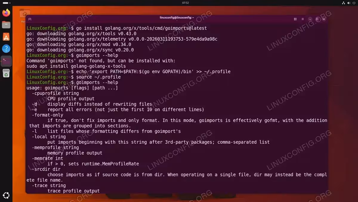 Terminal showing go install goimports command, goimports not found error, PATH fix, and successful goimports --help output