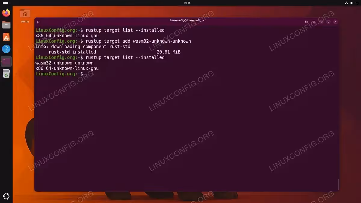 Terminal showing rustup target add wasm32-unknown-unknown and rustup target list --installed commands on Ubuntu 26.04